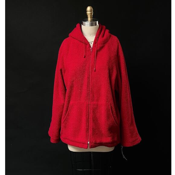 NWT 90s Y2K Sandro Fuzzy Red Hooded Oversized Jacket Coat large - Picture 1 of 7